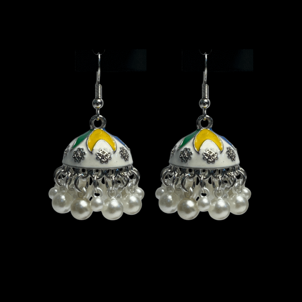 White Enamel Silver-Plated Jhumki Earrings with Pearl Drops