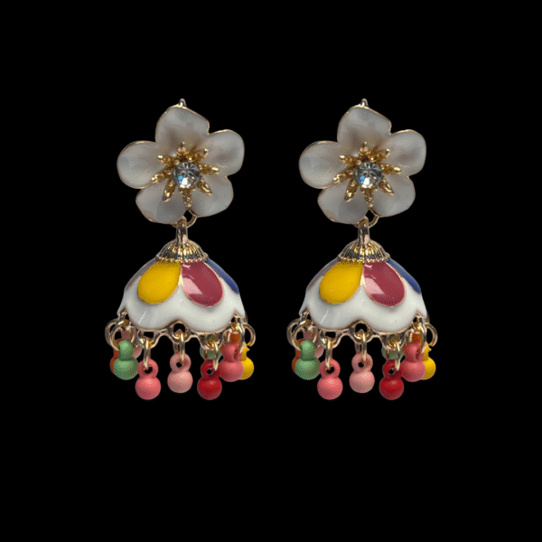 Colorful Enamel Floral Jhumki Earrings with Beaded Drops